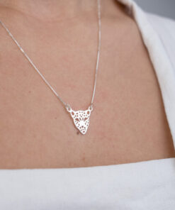 Foto próxima de uma Modelo feminina usando um Colar Onça