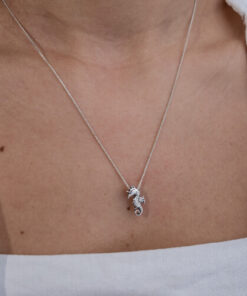 Modelo Feminina usando Colar Cavalo Marinho de prata 925